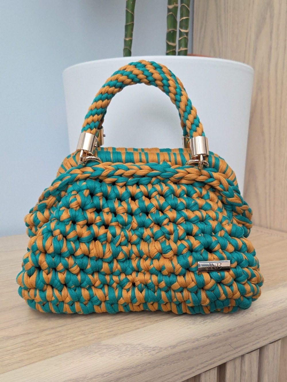 NWOT Handcrafted Top-Handle Teal and Mustard Trapillo Jersey Crochet Hand Bag